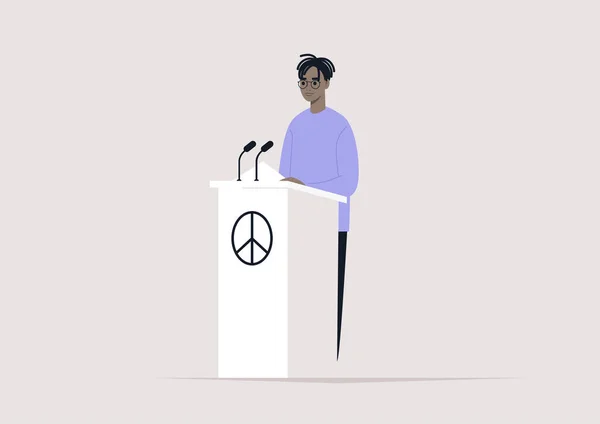 一个男人站在舞台上 在讲台上拿着一个和平标志 一个和平主义者的会议 — 图库矢量图片