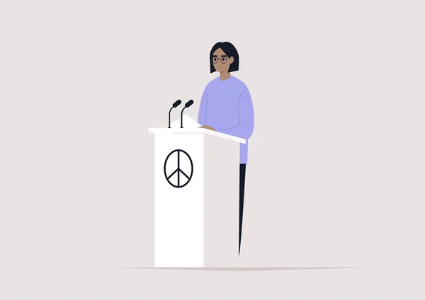 表彰台に平和サインをした舞台に立つ女性キャラクター 平和会議 — ストックベクタ