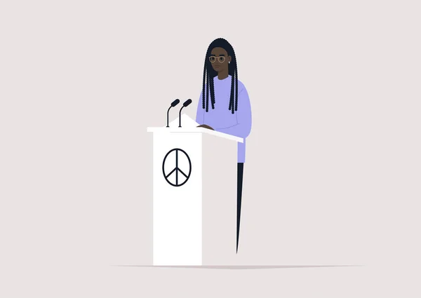 Kürsüde Barış Işaretiyle Sahnede Duran Afrikalı Bir Kadın Karakter Barışçı — Stok Vektör