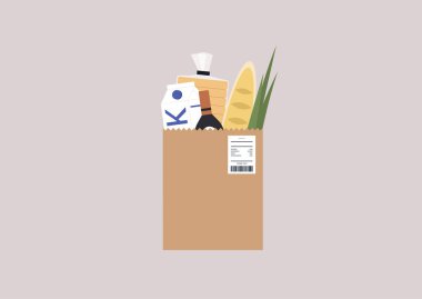 Market teslimat servisi, sebze, ekmek ve süt ürünleriyle dolu kahverengi bir kese kağıdı, günlük rutin işler.