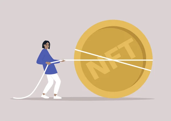 Startovní Financování Mladá Ženská Postava Tahající Obří Zlatou Minci Tahání — Stockový vektor