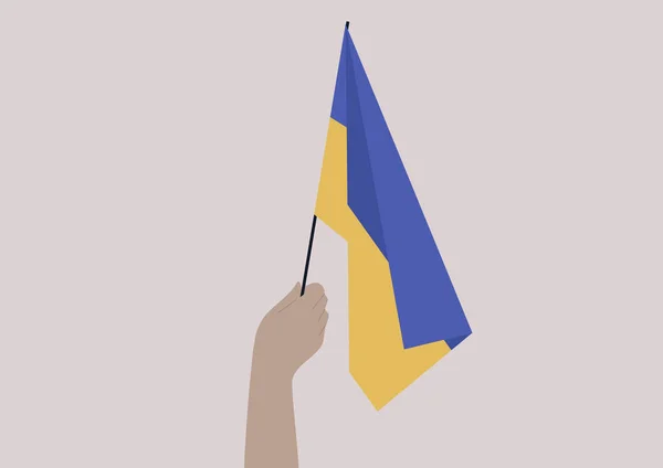 Une Main Tenant Drapeau Ukrainien Bleu Jaune Soutenir Ukraine Une — Image vectorielle