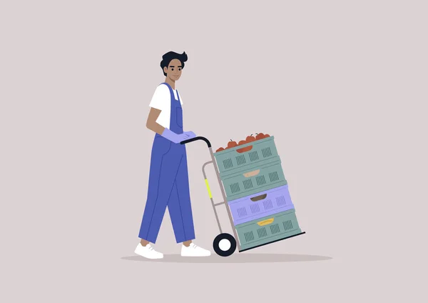 一个穿着粗斜纹棉布的年轻人推着一辆满载蔬菜和水果板条箱的货车 — 图库矢量图片