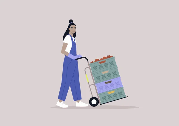一个穿着粗斜纹棉布的年轻人推着一辆满载蔬菜和水果板条箱的货车 — 图库矢量图片