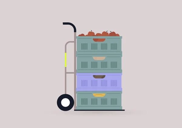 Supermarkt Plastikkisten Mit Obst Und Gemüse Gestapelt Auf Einem Transportwagen — Stockvektor