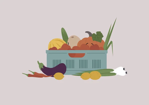 Una Caja Frutas Verduras Temporada Cosecha — Vector de stock