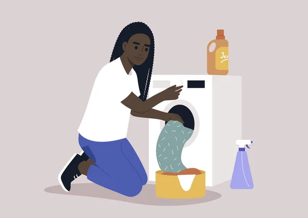 Uma Jovem Africana Carregando Uma Máquina Lavar Roupa Com Uma —  Vetores de Stock