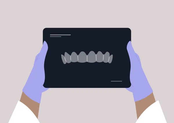 Médico Segurando Uma Varredura Raios Dentes Tratamento Odontológico —  Vetores de Stock