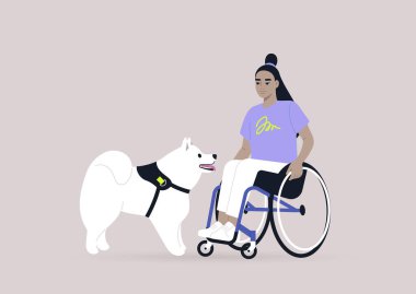 Tekerlekli sandalyedeki genç bir Asyalı kadın yavru köpekle oynuyor. Arkadaşlık kavramı.