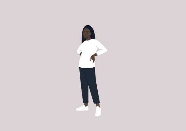 Ung Kvinnlig Afrikansk Karaktär Står Med Händerna Midjan Avslappnad Tusenårig — Stock vektor