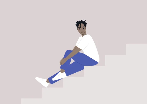 Jeune Homme Africain Assis Sur Escalier Style Vie Millénaire Décontracté — Image vectorielle