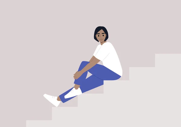 Jeune Personnage Féminin Caucasien Assis Sur Escalier Style Vie Millénaire — Image vectorielle