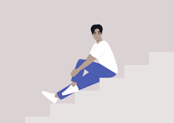 Молодой Мужчина Азиатский Персонаж Сидящий Лестнице Случайный Тысячелетний Образ Жизни — стоковый вектор