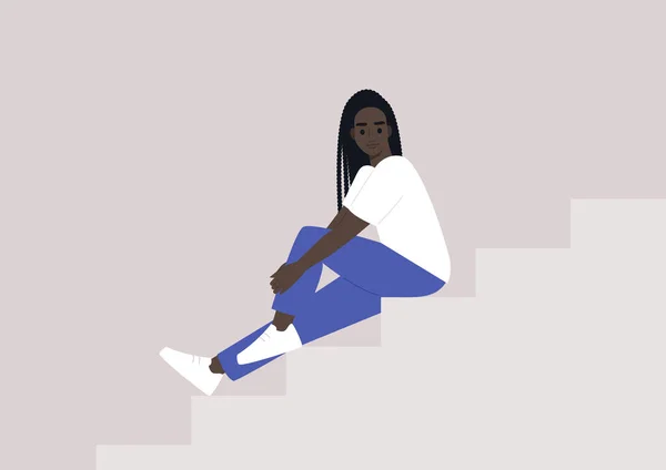 Joven Personaje Africano Femenino Sentado Una Escalera Estilo Vida Casual — Vector de stock