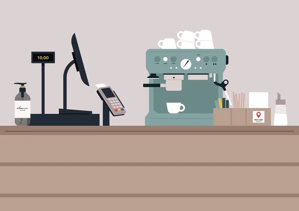 Ein Coffeeshop Tresen Mit Registrierkasse Und Pos Terminal Eine Kaffeemaschine — Stockvektor