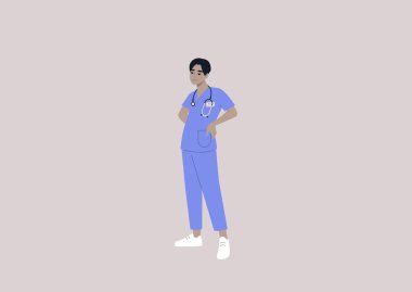 Üniforma, sağlık ve ilaç giyen genç bir Asyalı doktor.
