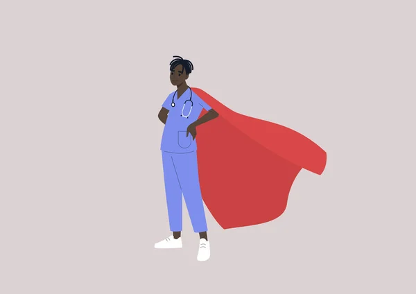 Молодой Африканский Врач Красной Накидке Супергерои Работе — стоковый вектор