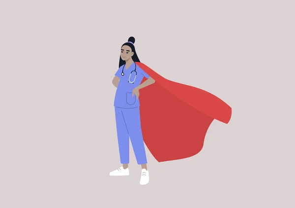 Молодая Азиатская Женщина Врач Красном Плаще Супергерои Работе — стоковый вектор