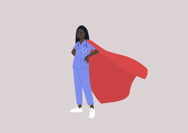 Een Jonge Afrikaanse Dokter Met Een Rode Cape Superhelden Aan — Stockvector