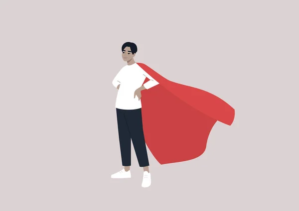 一个身穿红色斗篷 在日常生活中拥有超能力的年轻男性亚洲人 — 图库矢量图片