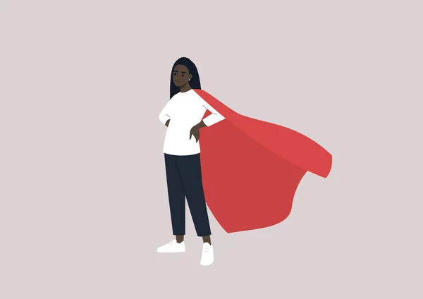 Joven Personaje Africano Femenino Con Una Capa Roja Superpoder Vida — Vector de stock