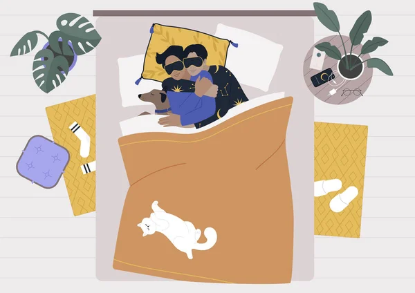 一个卧室的早晨 一对年轻的同性恋夫妇和他们的宠物 一只狗和一只猫在床上玩耍 — 图库矢量图片