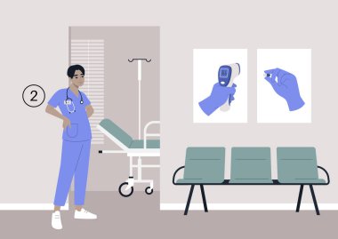 Terapist kabinesi bekleme alanı, duvardaki koltuklar ve posterler, sağlık konsepti, yıllık check-up