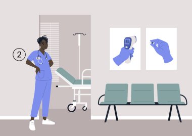 Terapist kabinesi bekleme alanı, duvardaki koltuklar ve posterler, sağlık konsepti, yıllık check-up