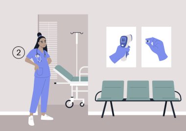 Terapist kabinesi bekleme alanı, duvardaki koltuklar ve posterler, sağlık konsepti, yıllık check-up