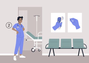 Terapist kabinesi bekleme alanı, duvardaki koltuklar ve posterler, sağlık konsepti, yıllık check-up