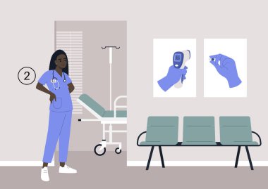 Terapist kabinesi bekleme alanı, duvardaki koltuklar ve posterler, sağlık konsepti, yıllık check-up