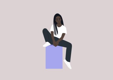 Genç bir Afrikalı kadın karakter, kendine güvenen bir pozla bir kutunun üzerinde oturuyor.