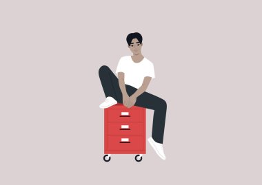 Ofis dosya dolabında oturan Asyalı bir erkek karakter, işte milenyumlar, günlük rutin işler.