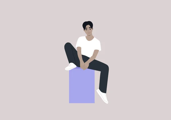 Young Male Asian Character Sitting Confident Pose Box Copy Space — стоковый вектор