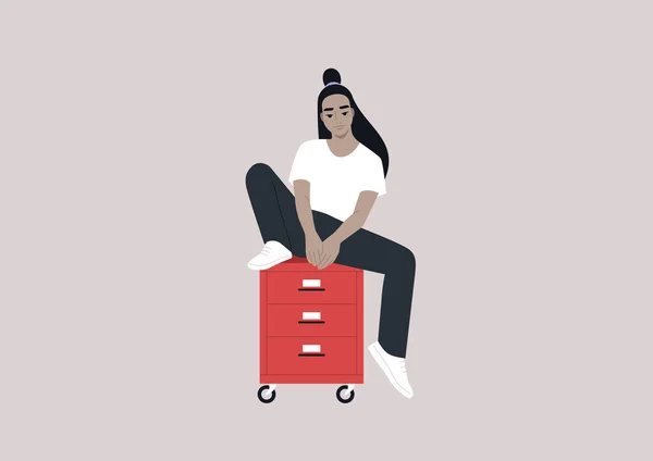 Uma Personagem Asiática Feminina Sentada Armário Arquivos Escritório Millennials Trabalho — Vetor de Stock