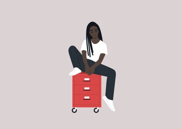 Uma Personagem Africana Feminina Sentada Armário Arquivos Escritório Millennials Trabalho — Vetor de Stock
