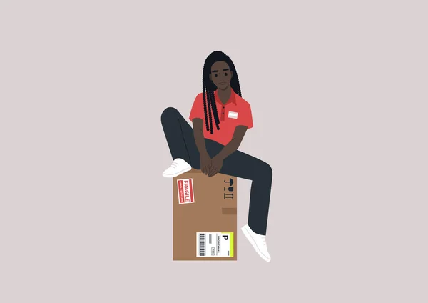 Een Jonge Afrikaanse Koerier Zittend Een Pakje Met Stickers Bezorgservice — Stockvector