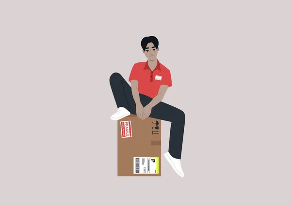 Young Male Asian Courier Sitting Parcel Stickers Delivery Service — ストックベクタ