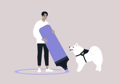 Obedience training, a young male Asian owner teaching a dog to respect their personal space clipart