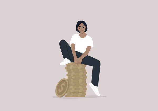 Jeune Personnage Assis Sur Une Pile Pièces Concept Salaire — Image vectorielle
