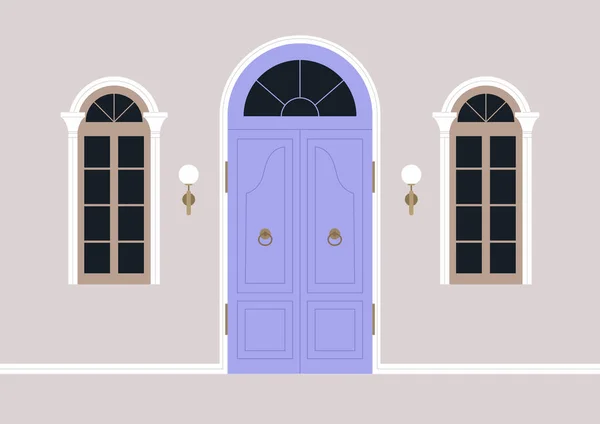 Vintage Building Entrance Ornate Door Windows — Stock Vector