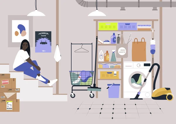 Household Storage Room Basement Laundry Cleaning Appliances Detergents Buckets Baskets — стоковий вектор