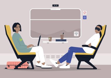 Seyahat edenler, modern yaşam tarzı ve pencerenin yanındaki trene binerler.