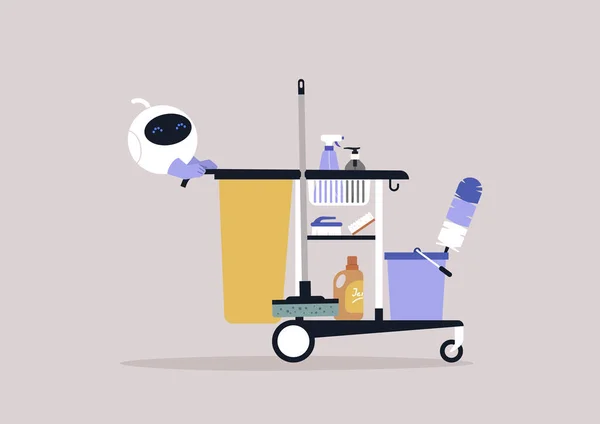 Cute Robot Rolling Hotel Cleaning Service Cart — Image vectorielle