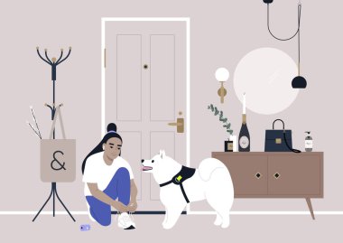 Süslü bir apartman girişi, bir askılık, ve duvarda bir ayna, Samoe köpeğiyle yürüyüşe çıkmaya hazırlanan Asyalı bir kadın karakter.