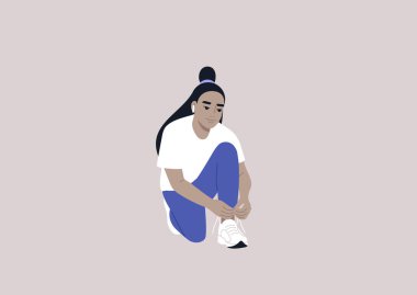 A young female Asian character tying their shoes, a daily routine ritual