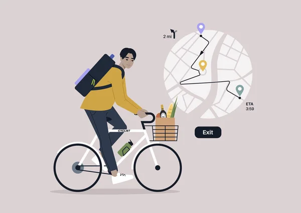 ナビゲーター 地理位置情報技術 停止しているルートで自転車に乗る若い男性アジアのキャラクター — ストックベクタ