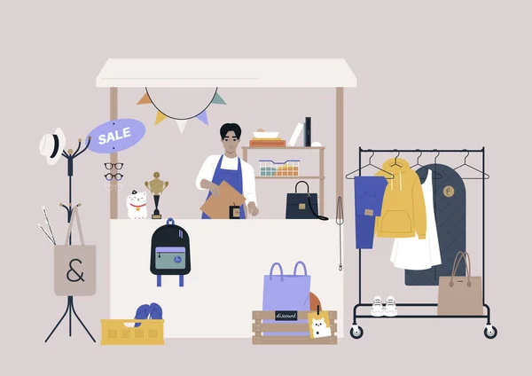Thrift Shopping Concept Sunday Market Stand Used Clothes Accessories — Vector de stock