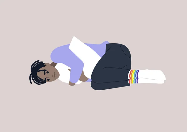 Young Depressed Male African Character Squeezing Pillow Homophobia Bullying — Vector de stock