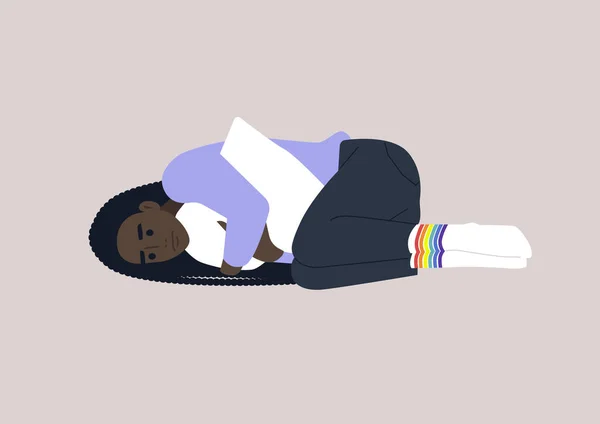 Young Depressed Female African Character Squeezing Pillow Homophobia Bullying — Stockvektor